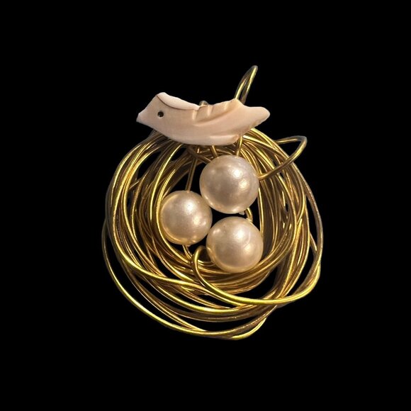 Vintage Nest Pendant Faux Pearl Eggs Shell Bird Wire Wrap - Picture 1 of 8